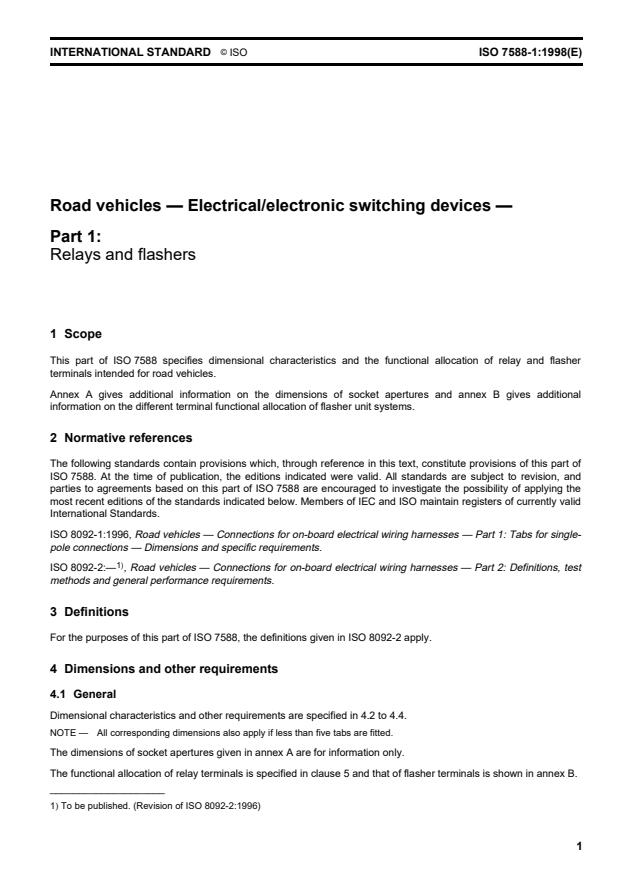 ISO 7588-1:1998 - Road vehicles -- Electrical/electronic switching devices