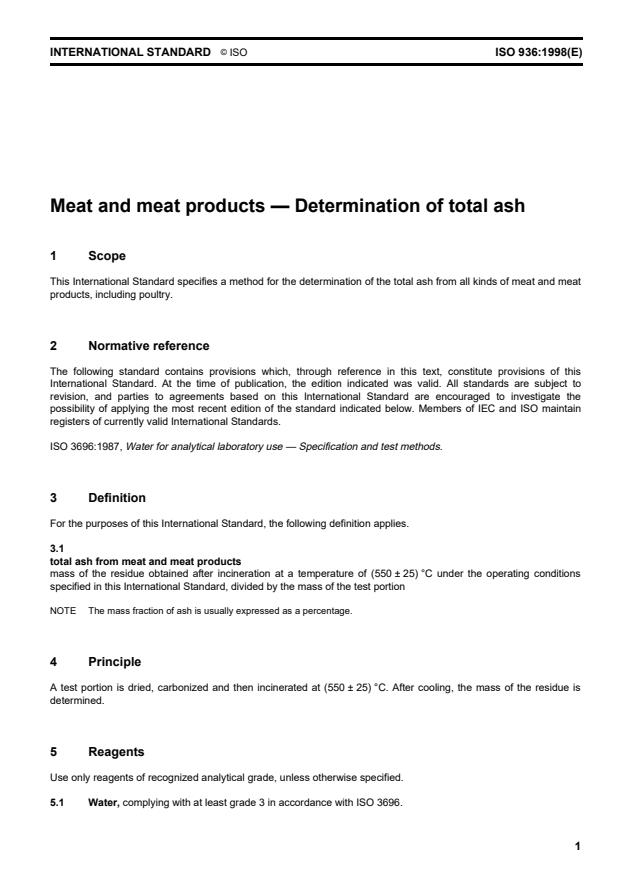 ISO 936:1998 - Meat and meat products -- Determination of total ash