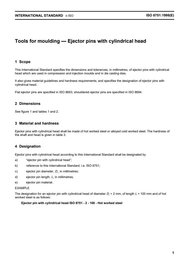 ISO 6751:1998 - Tools for moulding -- Ejector pins with cylindrical head