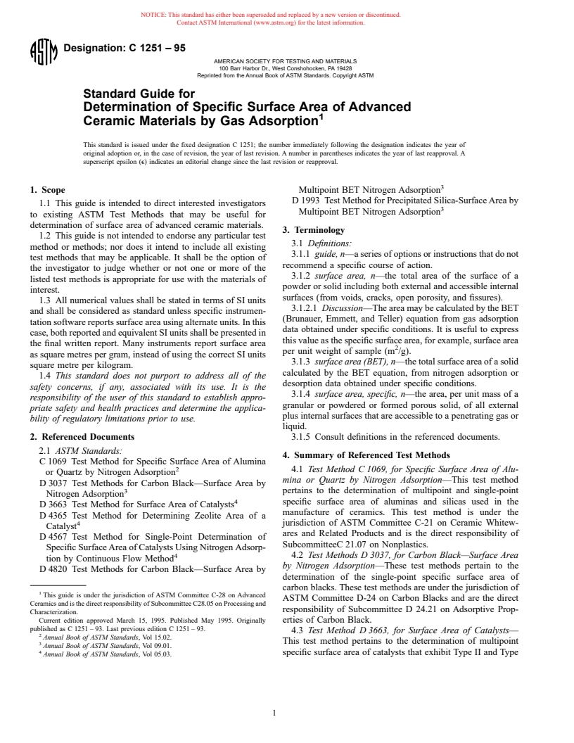 ASTM C1251-95 - Standard Guide for Determination of Specific Surface Area of Advanced Ceramic Materials by Gas Adsorption (Withdrawn 2000)