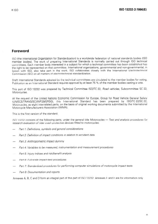 ISO 13232-2:1996 - Motorcycles -- Test and analysis procedures for research evaluation of rider crash protective devices fitted to motorcycles