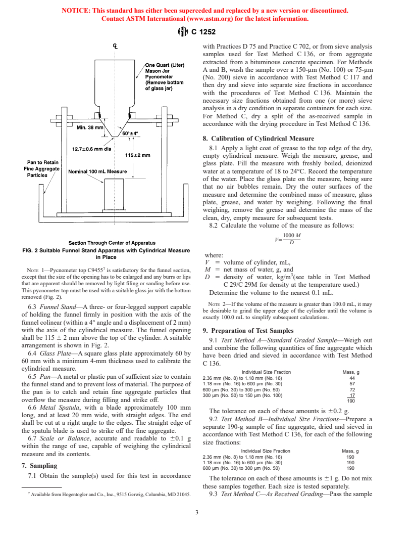 ASTM C1252-98 - Standard Test Methods for Uncompacted Void Content of Fine Aggregate (as Influenced by Particle Shape, Surface Texture, and Grading)