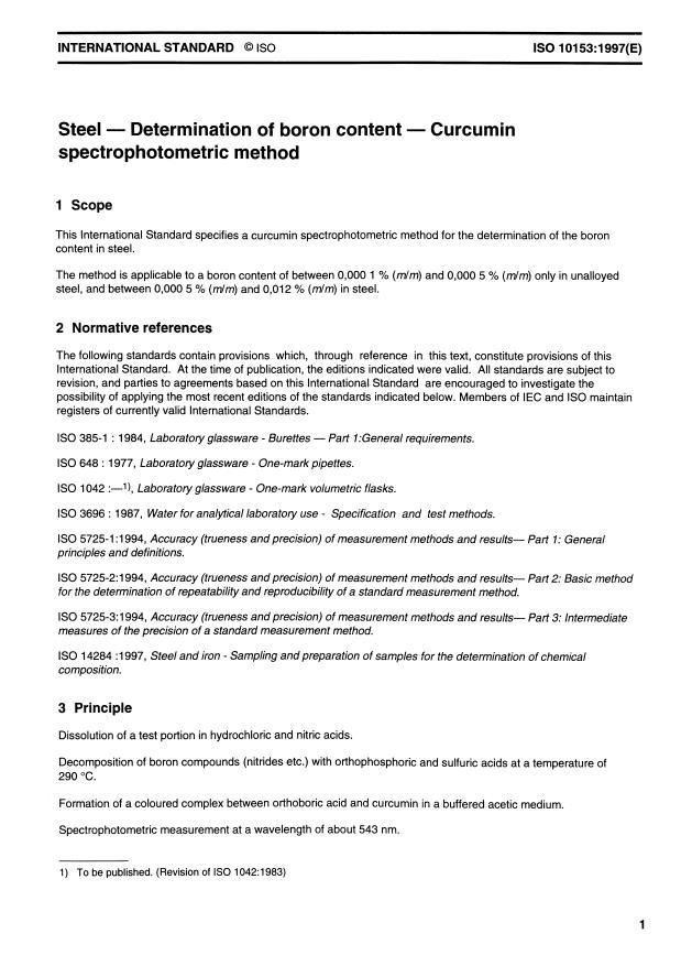 ISO 10153:1997 - Steel -- Determination of boron content -- Curcumin spectrophotometric method