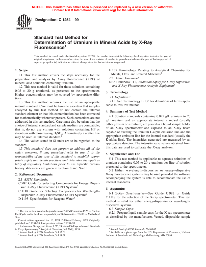 ASTM C1254-99 - Standard Test Method for Determination of Uranium in Mineral Acids by X-Ray Fluorescence