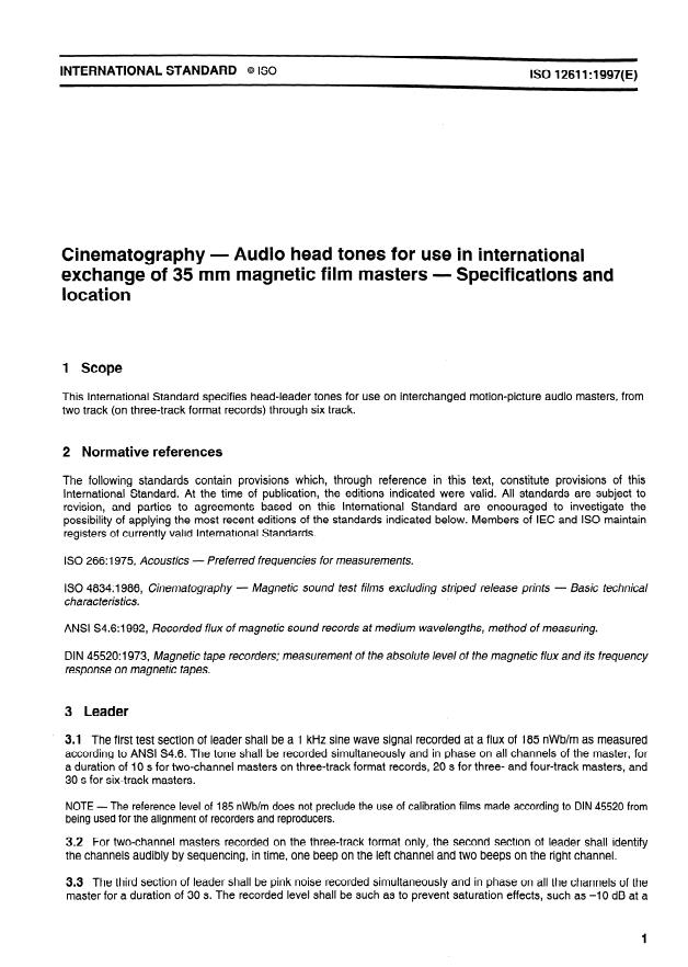ISO 12611:1997 - Cinematography -- Audio head tones for use in international exchange of 35 mm magnetic film masters -- Specifications and location