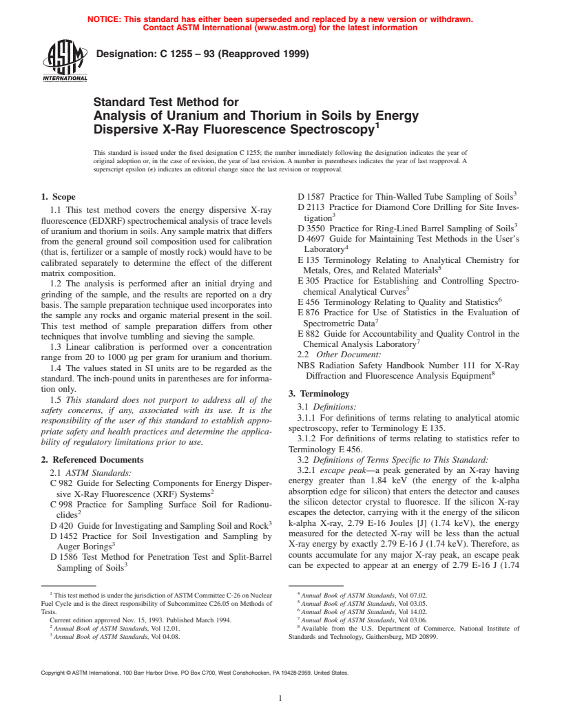 ASTM C1255-93(1999) - Standard Test Method for Analysis of Uranium and Thorium in Soils by Energy Dispersive X-Ray Fluorescence Spectroscopy