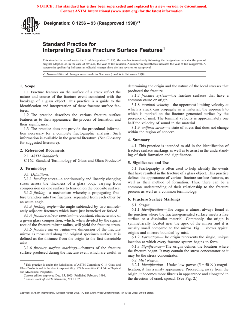 ASTM C1256-93(1998)e1 - Standard Practice for Interpreting Glass Fracture Surface Features