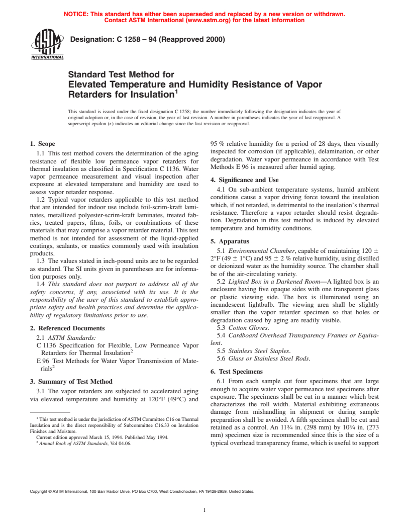 ASTM C1258-94(2000) - Standard Test Method for Elevated Temperature and Humidity Resistance of Vapor Retarders for Insulation