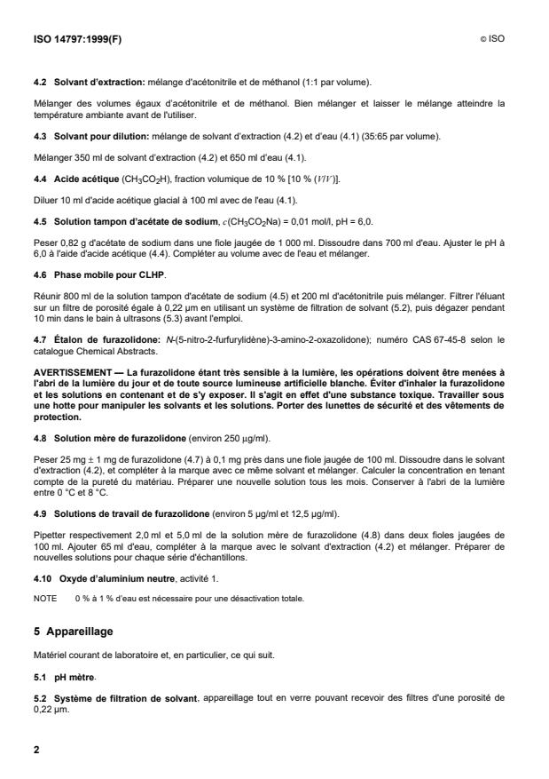 ISO 14797:1999 ISO 14797:1999 - Aliments des animaux -- Dosage de la furazolidone -- Méthode par chromatographie liquide a haute performance - Page 4 preview