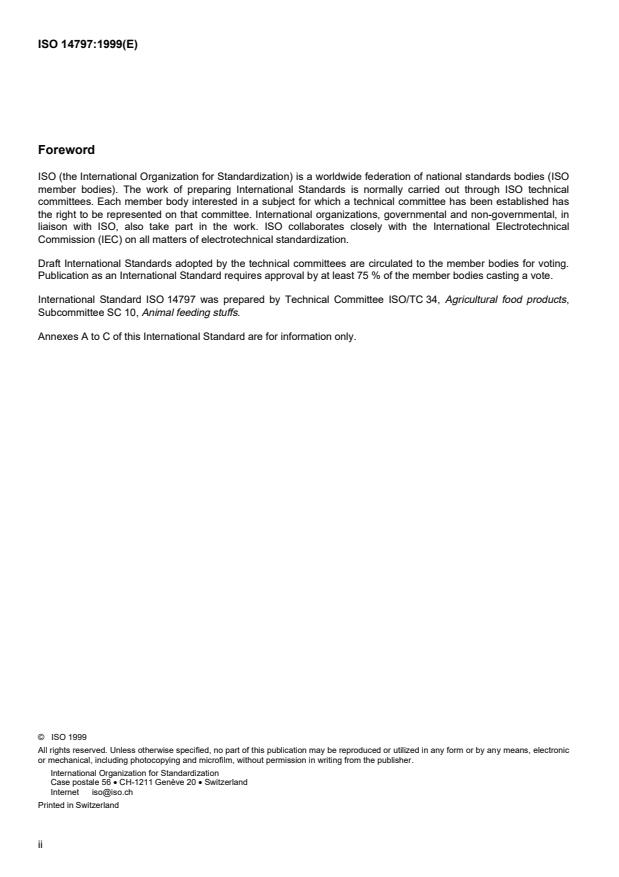 ISO 14797:1999 ISO 14797:1999 - Animal feeding stuffs -- Determination of furazolidone content -- Method using high-performance liquid chromatography - Page 2 preview
