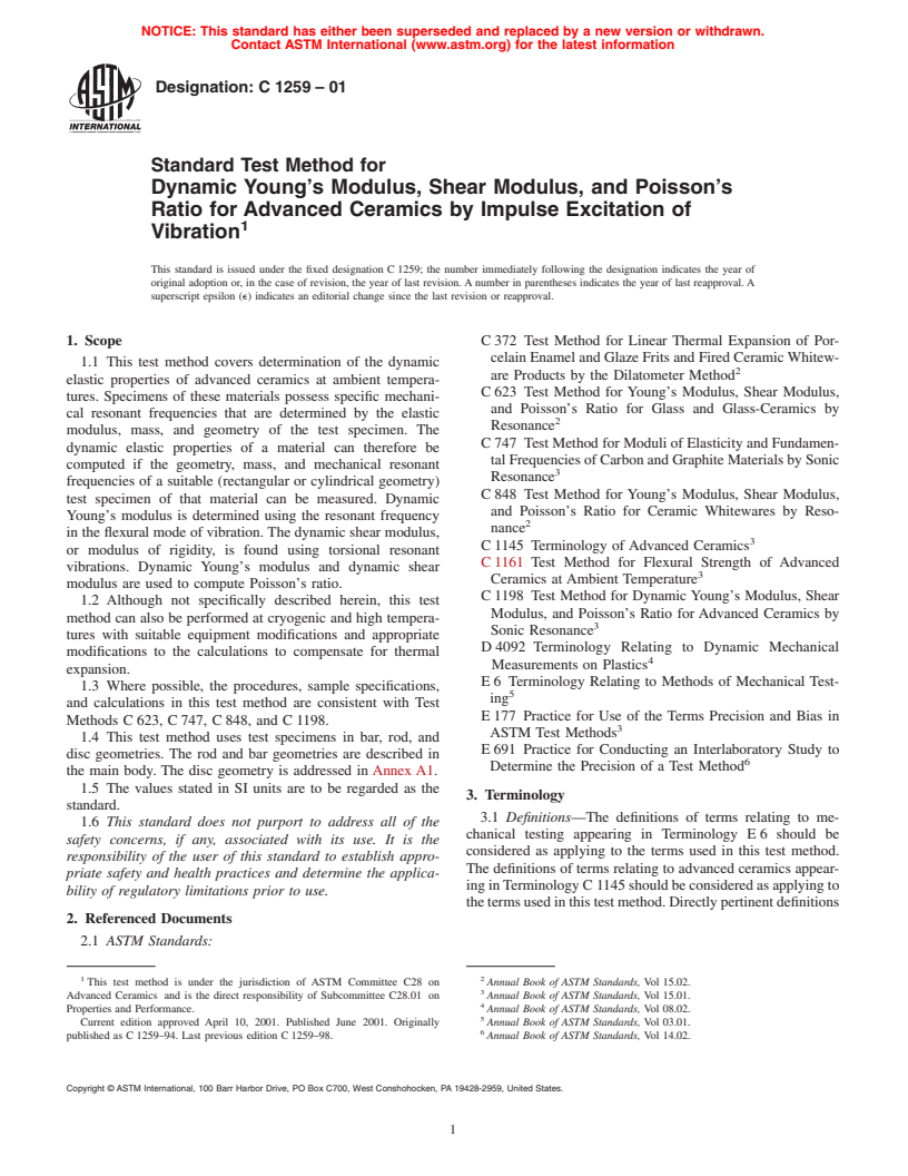 ASTM C1259-01 - Standard Test Method for Dynamic Young's Modulus, Shear Modulus, and Poisson's Ratio for Advanced Ceramics by Impulse Excitation of Vibration