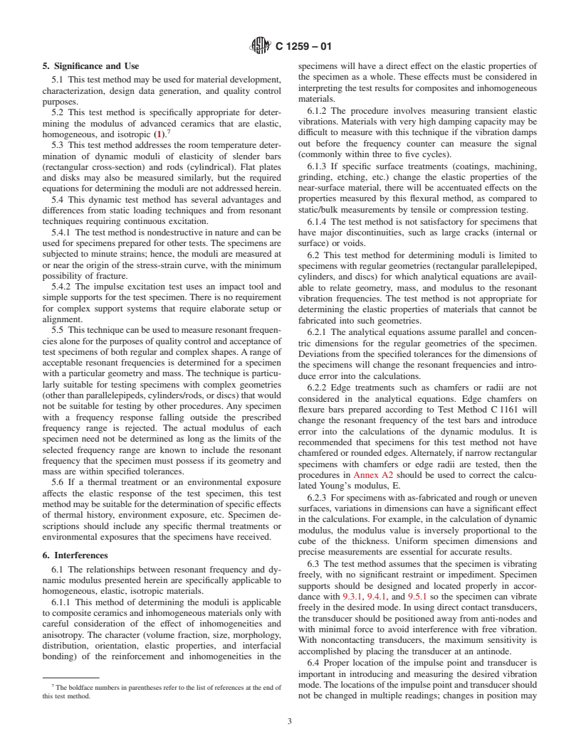 ASTM C1259-01 - Standard Test Method for Dynamic Young's Modulus, Shear Modulus, and Poisson's Ratio for Advanced Ceramics by Impulse Excitation of Vibration