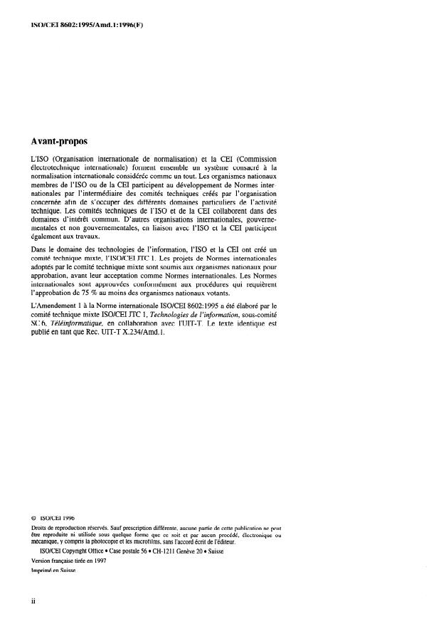 ISO/IEC 8602:1995/Amd 1:1996 ISO/IEC 8602:1995/Amd 1:1996 - Adjonction de la capacité de multidiffusion en mode sans connexion - Page 2 preview
