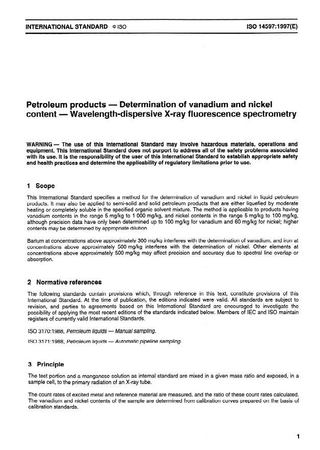 ISO 14597:1997 - Petroleum products -- Determination of vanadium and nickel content -- Wavelength-dispersive X-ray fluorescence spectrometry