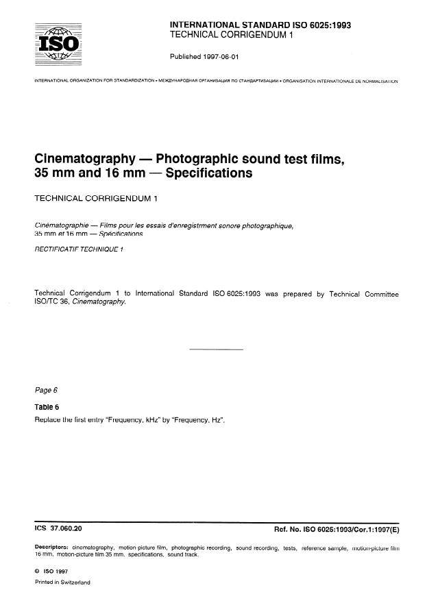 ISO 6025:1993 - Cinematography -- Photographic sound test films, 35 mm and 16 mm -- Specifications