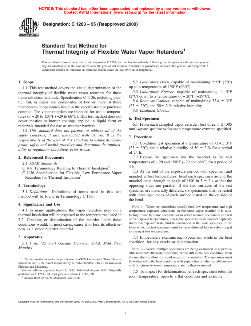 ASTM C1263-95(2000) - Standard Test Method for Thermal Integrity of Flexible Water Vapor Retarders