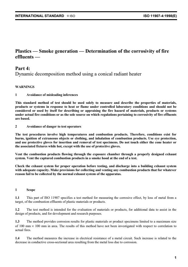 ISO 11907-4:1998 - Plastics -- Smoke generation -- Determination of the corrosivity of fire effluents