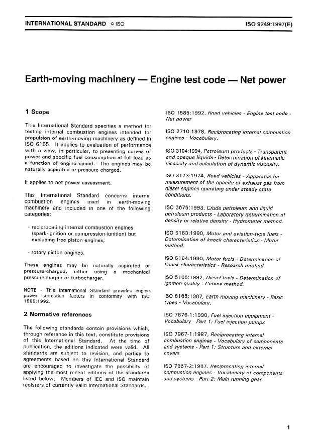 ISO 9249:1997 - Earth-moving machinery -- Engine test code -- Net power
