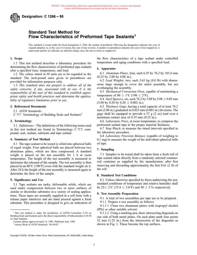 ASTM C1266-95 - Standard Test Method for Flow Characteristics of Preformed Tape Sealants