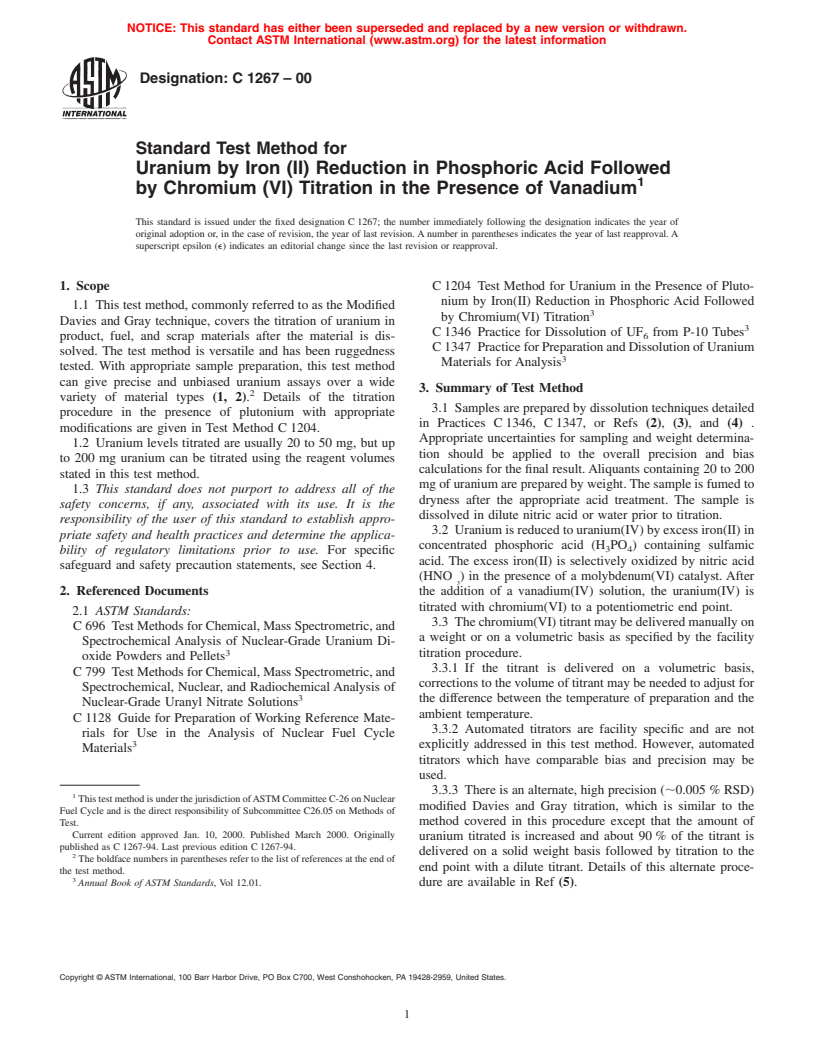 ASTM C1267-00 - Standard Test Method for Uranium by Iron (II) Reduction in Phosphoric Acid Followed by Chromium (VI) Titration in the Presence of Vanadium