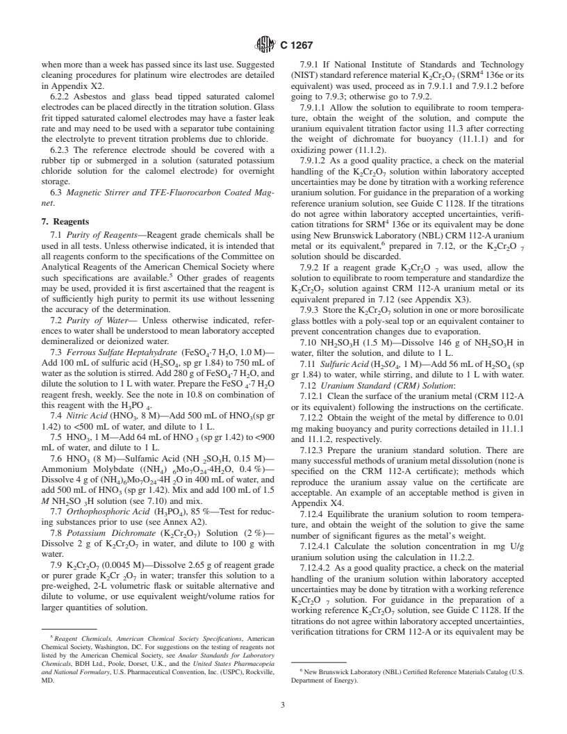 ASTM C1267-00 - Standard Test Method for Uranium by Iron (II) Reduction in Phosphoric Acid Followed by Chromium (VI) Titration in the Presence of Vanadium