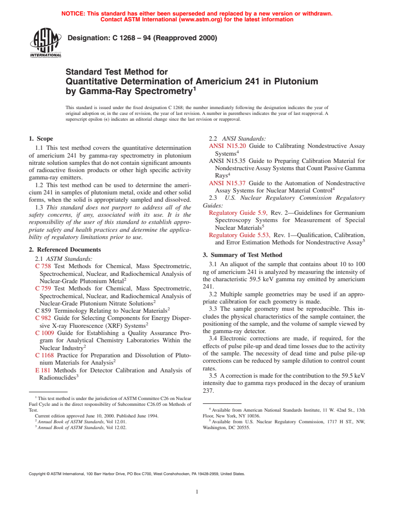 ASTM C1268-94(2000) - Standard Test Method for Quantitative Determination of Americium 241 in Plutonium by Gamma-Ray Spectrometry