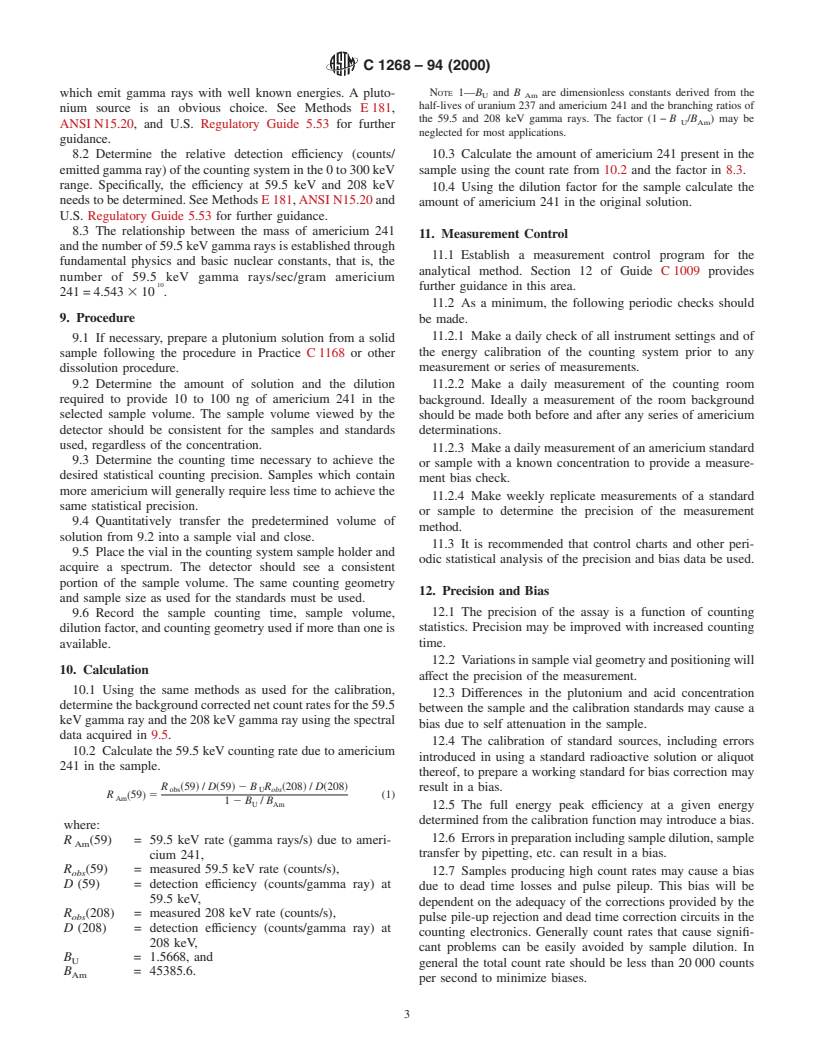 ASTM C1268-94(2000) - Standard Test Method for Quantitative Determination of Americium 241 in Plutonium by Gamma-Ray Spectrometry