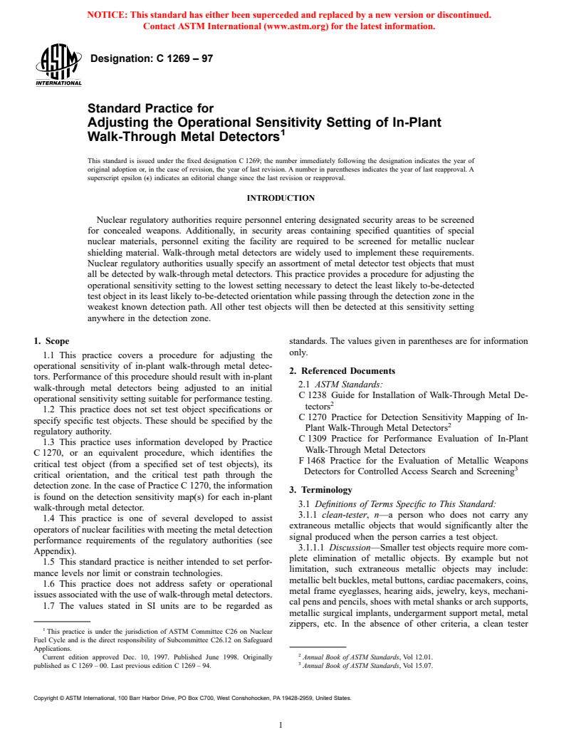 ASTM C1269-97 - Standard Practice for Adjusting the Operational Sensitivity Setting of In-Plant Walk-Through Metal Detectors