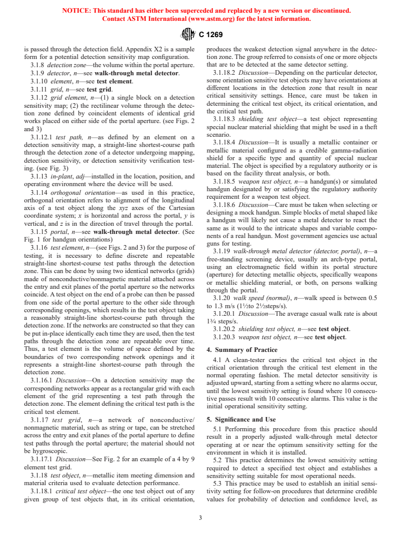 ASTM C1269-97 - Standard Practice for Adjusting the Operational Sensitivity Setting of In-Plant Walk-Through Metal Detectors