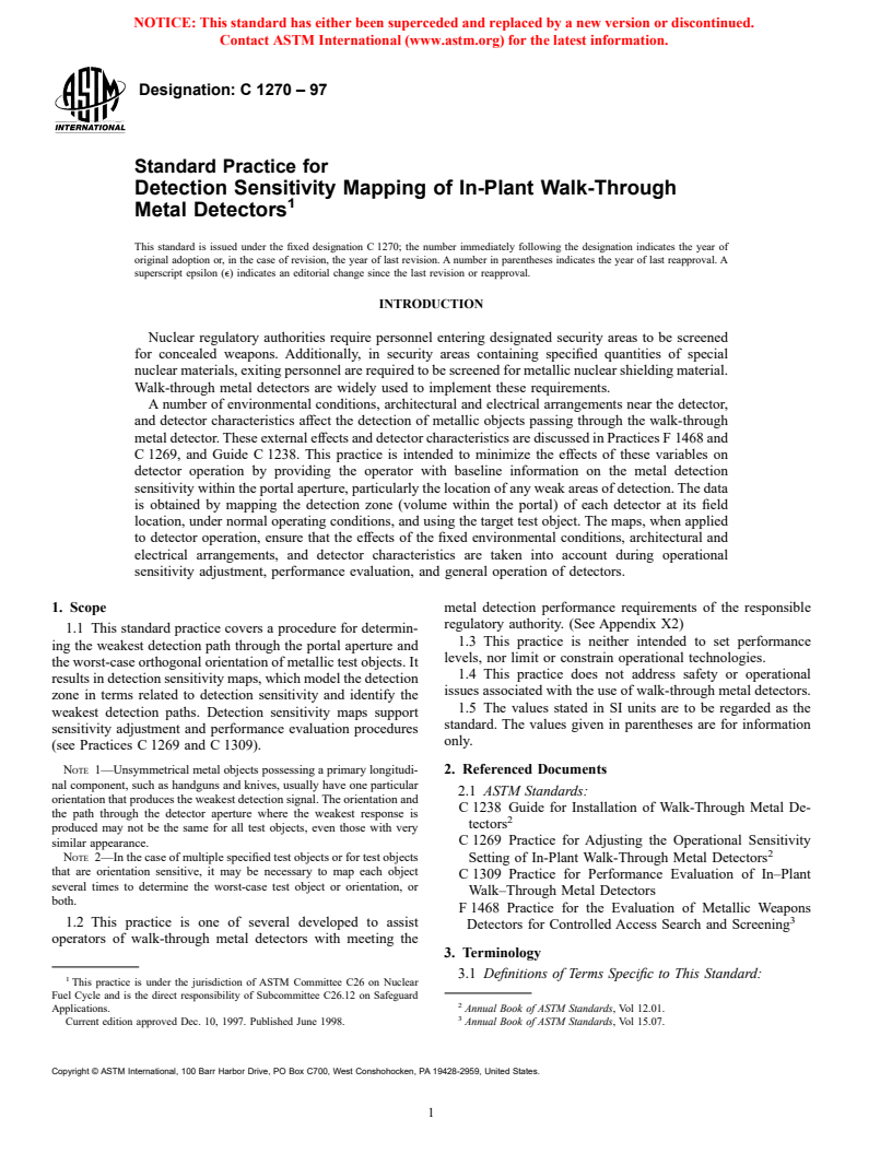 ASTM C1270-97 - Standard Practice for Detection Sensitivity Mapping of In-Plant Walk-Through Metal Detectors