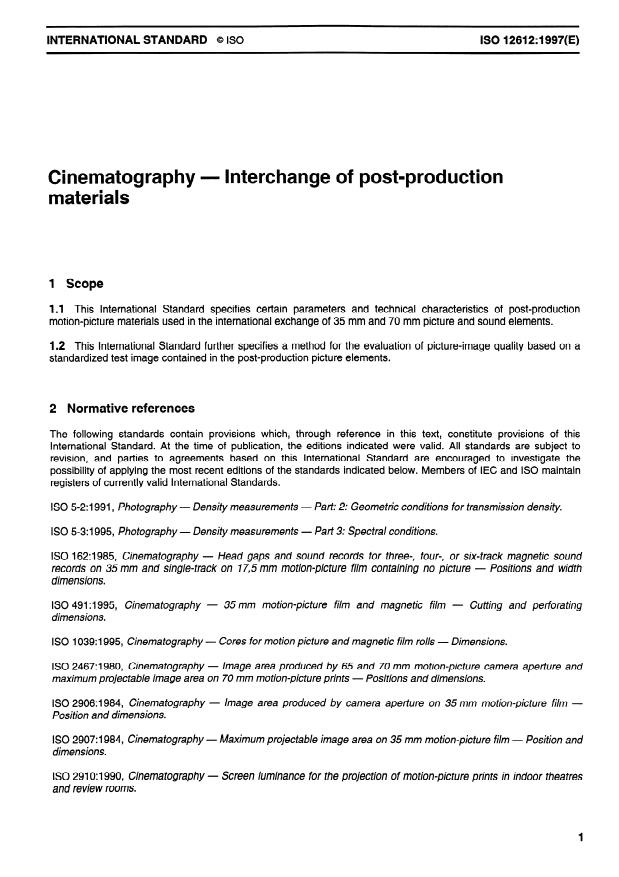 ISO 12612:1997 - Cinematography -- Interchange of post-production materials