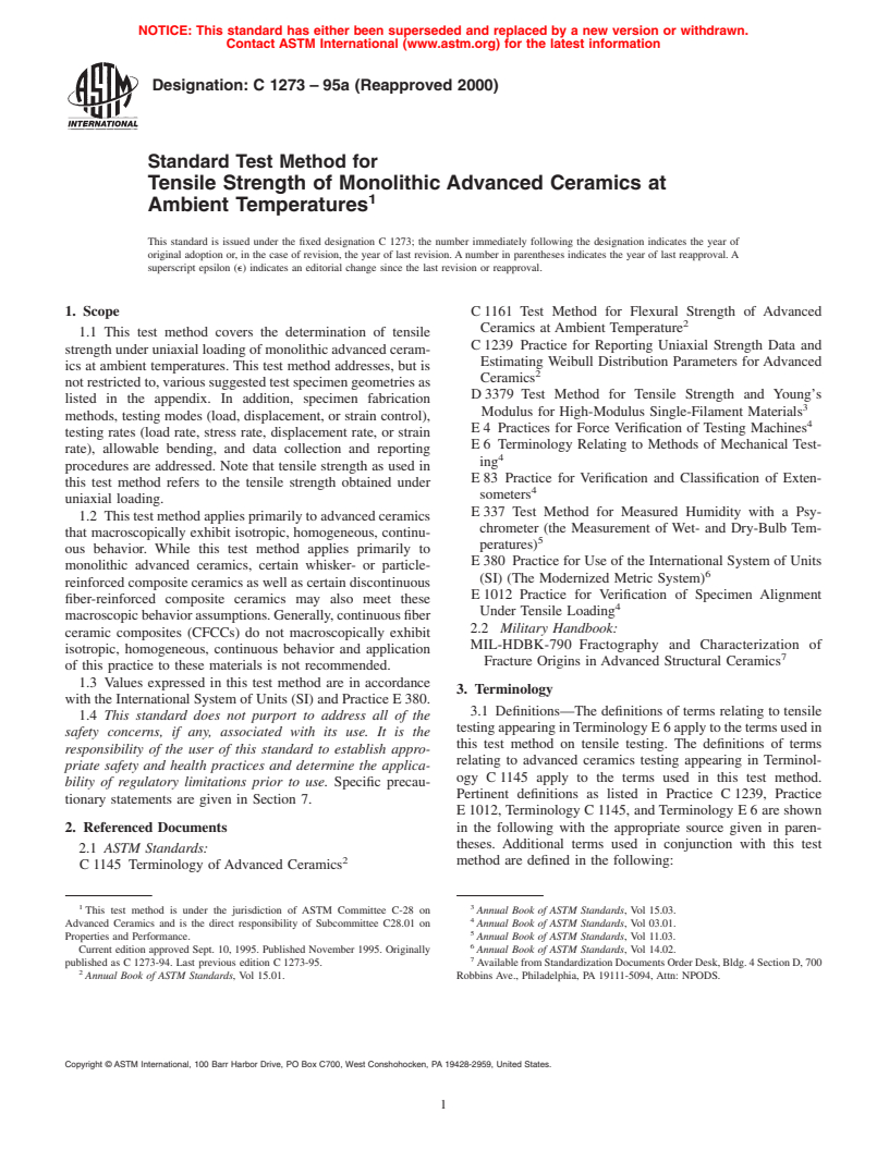 ASTM C1273-95a(2000) - Standard Test Method for Tensile Strength of Monolithic Advanced Ceramics at Ambient Temperatures