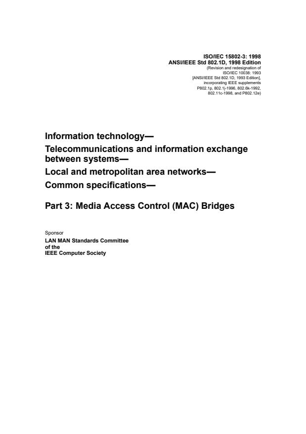 ISO/IEC 15802-3:1998 - Information technology -- Telecommunications and information exchange between systems -- Local and metropolitan area networks -- Common specifications