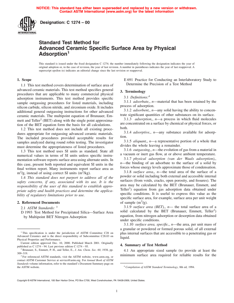 ASTM C1274-00 - Standard Test Method for Advanced Ceramic Specific Surface Area by Physical Adsorption