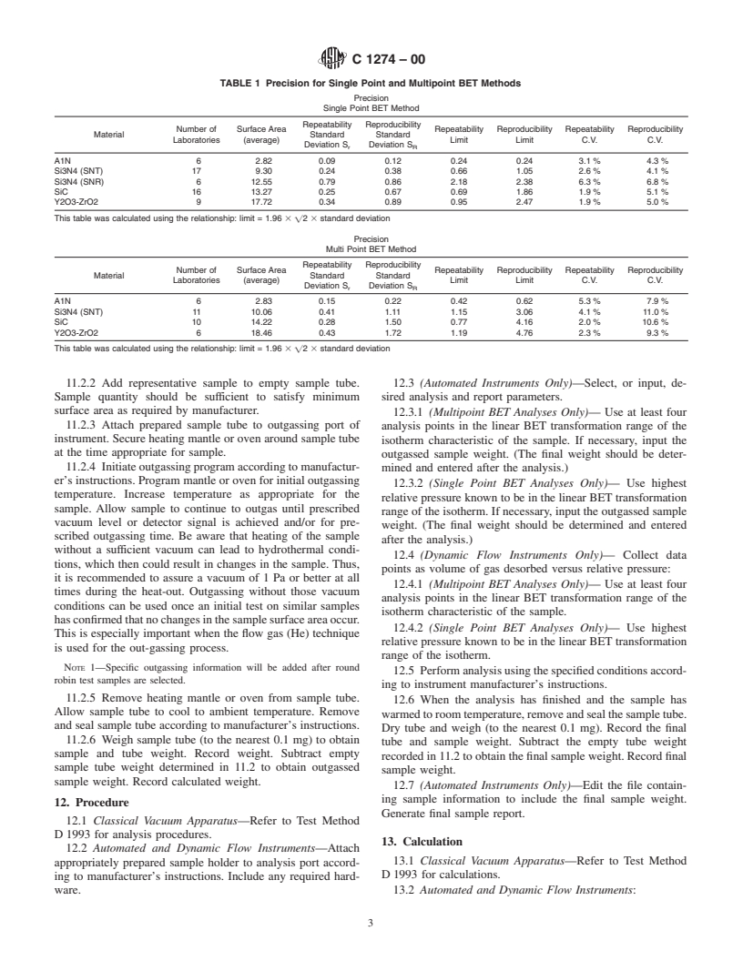 ASTM C1274-00 - Standard Test Method for Advanced Ceramic Specific Surface Area by Physical Adsorption