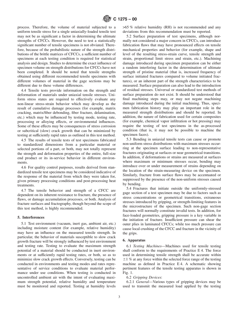 ASTM C1275-00 - Standard Test Method for Monotonic Tensile Behavior of Continuous Fiber-Reinforced Advanced Ceramics with Solid Rectangular Cross-Section Test Specimens at Ambient Temperature