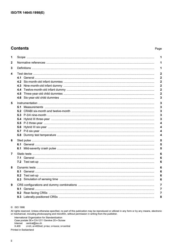 ISO/TR 14645:1998 ISO/TR 14645:1998 - Road vehicles -- Test procedures for evaluating child restraint system interactions with deploying air bags - Page 2 preview