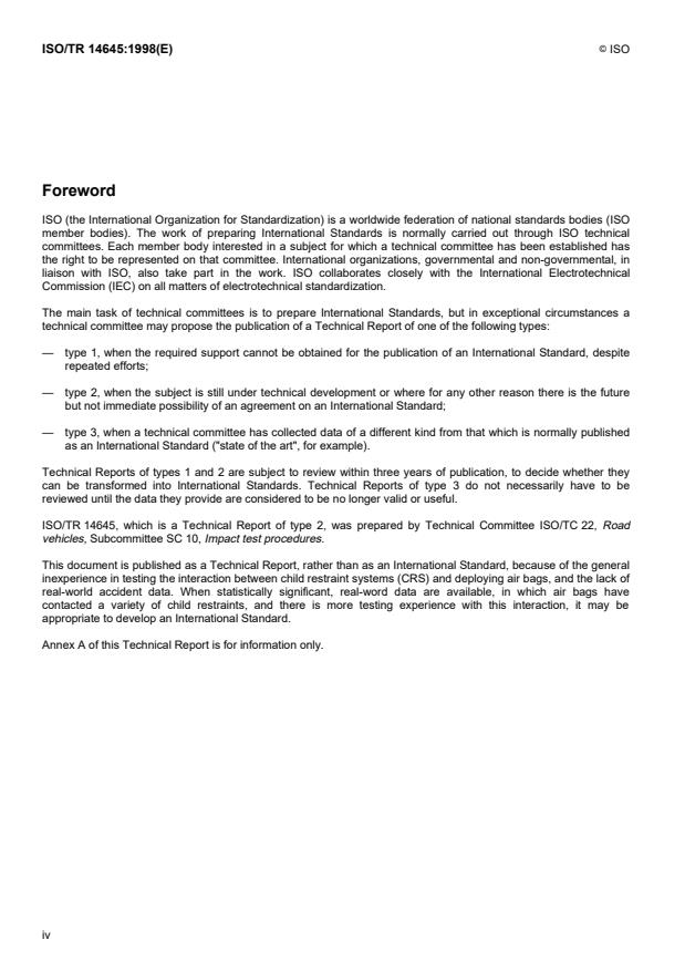 ISO/TR 14645:1998 ISO/TR 14645:1998 - Road vehicles -- Test procedures for evaluating child restraint system interactions with deploying air bags - Page 4 preview