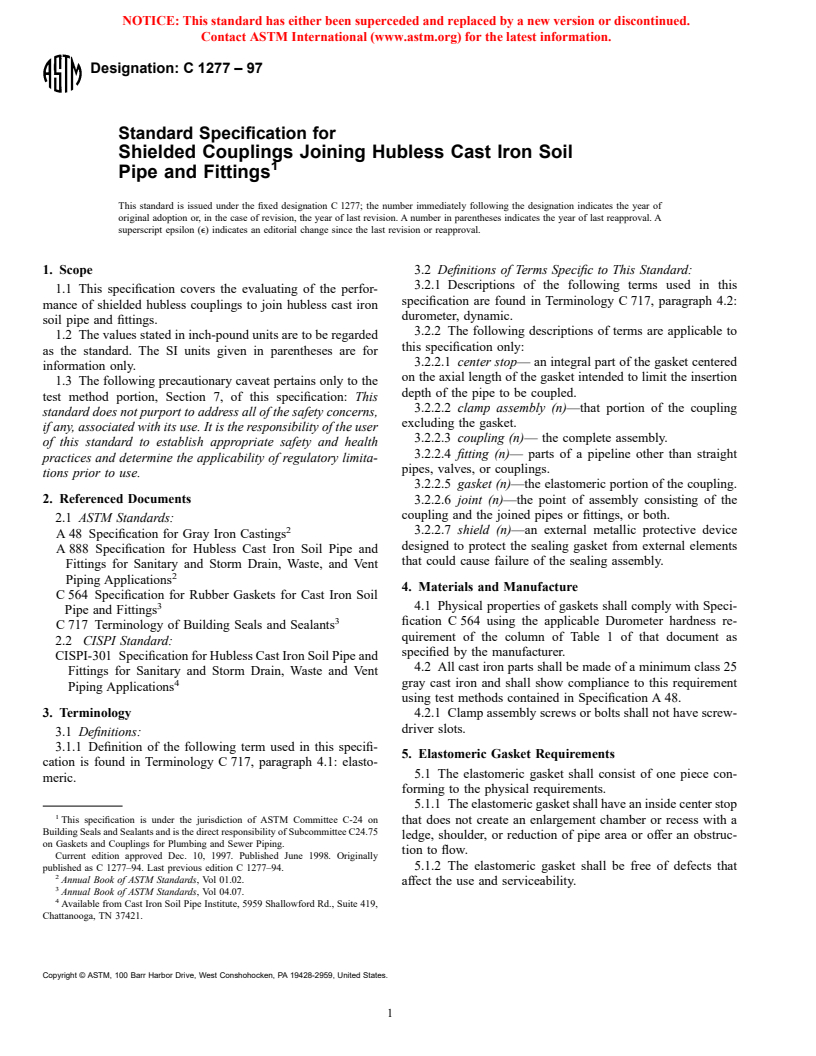 ASTM C1277-97 - Standard Specification for Shielded Couplings Joining Hubless Cast Iron Soil Pipe and Fittings