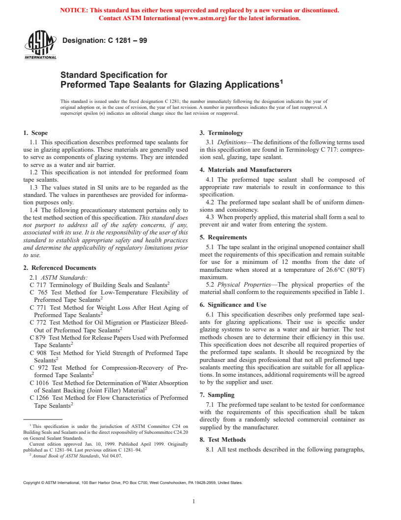 ASTM C1281-99 - Standard Specification for Preformed Tape Sealants for Glazing Applications