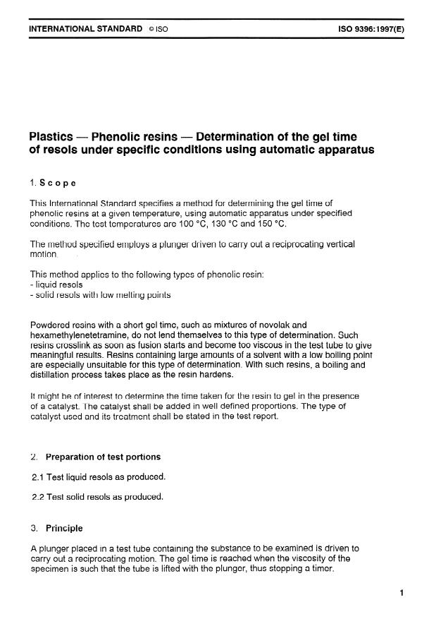 ISO 9396:1997 - Plastics -- Phenolic resins -- Determination of the gel time of resols under specific conditions using automatic apparatus