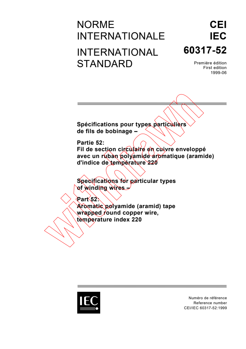 IEC 60317-52:1999 - Specifications for particular types of winding wires - Part 52: Aromatic polyamide (aramid) tape wrapped round copper wire, temperature index 220
Released:6/9/1999
Isbn:2831848245