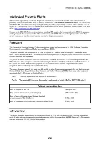 SIST EN 302 288-2 V1.2.2:2008 ETSI EN 302 288-2 V1.2.2 (2008-02) - Electromagnetic compatibility and Radio spectrum Matters (ERM); Short Range Devices; Road Transport and Traffic Telematics (RTTT); Short range radar equipment operating in the 24 GHz range; Part 2: Harmonized EN covering the essential requirements of article 3.2 of the R&TTE Directive - Page 4 preview