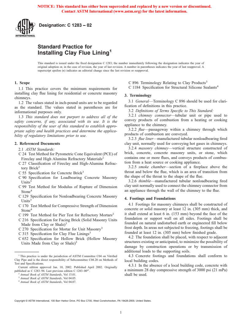 ASTM C1283-02 - Standard Practice for Installing Clay Flue Lining