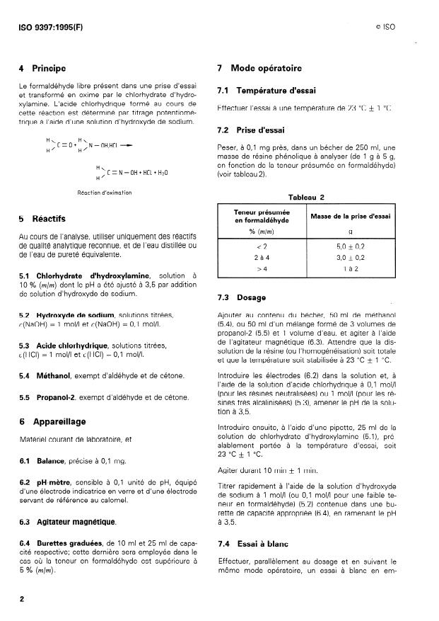 ISO 9397:1995 ISO 9397:1995 - Plastiques -- Résines phénoliques -- Dosage du formaldéhyde libre -- Méthode au chlorhydrate d'hydroxylamine - Page 4 preview