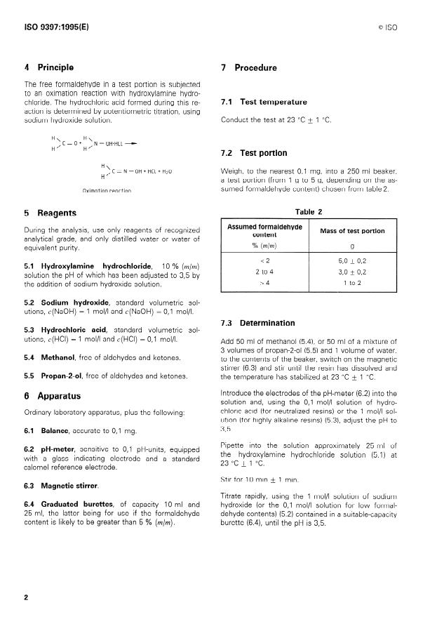 ISO 9397:1995 ISO 9397:1995 - Plastics -- Phenolic resins -- Determination of free-formaldehyde content -- Hydroxylamine hydrochloride method - Page 4 preview