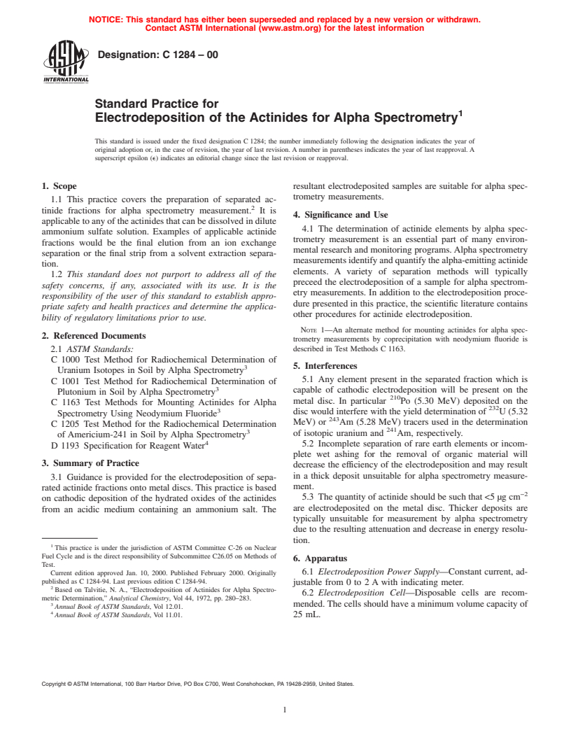 ASTM C1284-00 - Standard Practice for Electrodeposition of the Actinides for Alpha Spectrometry