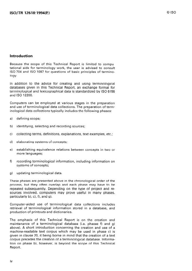 ISO/TR 12618:1994 ISO/TR 12618:1994 - Computational aids in terminology -- Creation and use of terminological databases and text corpora - Page 4 preview