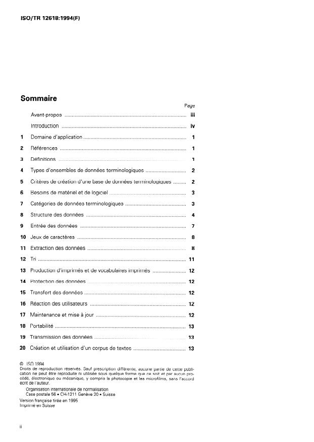 ISO/TR 12618:1994 ISO/TR 12618:1994 - Aides informatiques en terminologie -- Création et utilisation de bases de données terminologiques et de corpus de textes - Page 2 preview