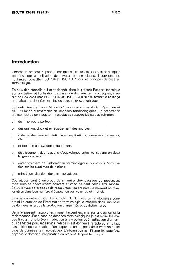 ISO/TR 12618:1994 ISO/TR 12618:1994 - Aides informatiques en terminologie -- Création et utilisation de bases de données terminologiques et de corpus de textes - Page 4 preview